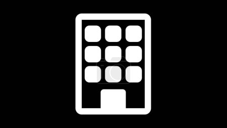 Un simple icono blanco de un edificio de varios pisos con múltiples ventanas sobre un fondo negro.