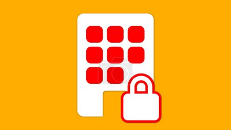 Une icône de bâtiment blanc avec des fenêtres rouges et une icône de cadenas rouge sur fond jaune, symbolisant la sécurité ou l'accès restreint.
