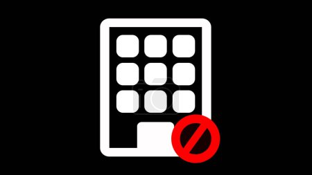 A white icon of a building with a red prohibition symbol on a black background.