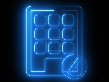 Une icône bleu néon brillant d'une tablette avec une grille d'icônes d'application et un symbole crayon dans le coin inférieur droit, sur un fond noir.