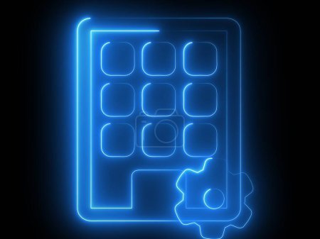 Ein leuchtend blaues Neon-Symbol einer Tablette mit einem Gitter aus Quadraten und einem Zahnradsymbol, das Einstellungen oder Anpassungen repräsentiert.