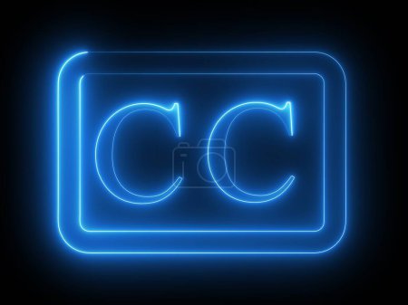A glowing blue neon closed captioning (CC) icon on a black background.