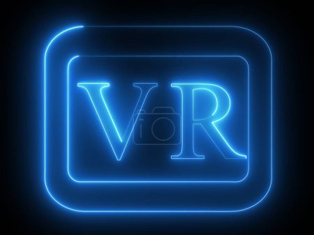 Un néon bleu brillant avec les lettres 'VR' à l'intérieur d'un cadre carré arrondi sur un fond noir.