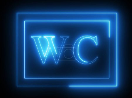 Un néon bleu brillant avec les lettres "WC" à l'intérieur d'un cadre rectangulaire sur un fond sombre.