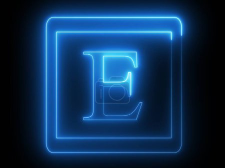 Un néon bleu brillant lettre "E" à l'intérieur d'un cadre carré sur un fond noir.