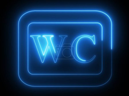 Neon sign with the letters 'WC' glowing in blue on a black background, indicating a restroom or water closet.