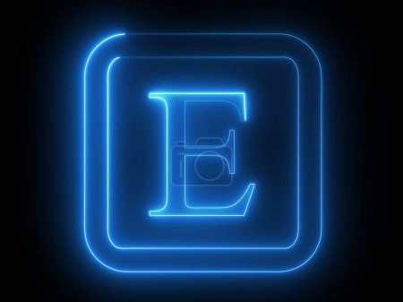 Ein leuchtend blauer Leuchtbuchstabe 'E' in einem runden quadratischen Rahmen auf schwarzem Hintergrund.