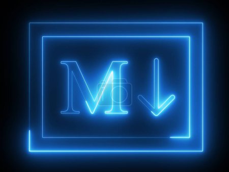 Une icône bleu néon lumineux avec la lettre "M" et une flèche vers le bas, symbolisant Markdown. L'icône a une apparence futuriste et numérique avec un fond sombre.