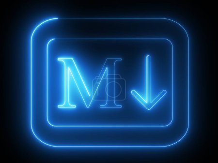 Une icône bleu néon lumineux avec la lettre "M" et une flèche vers le bas, symbolisant Markdown.