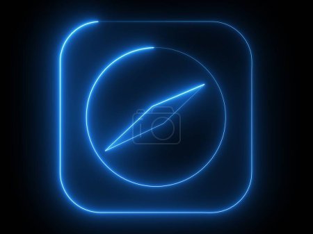 Une icône de boussole bleu néon brillant sur un fond noir, représentant la navigation ou la direction.