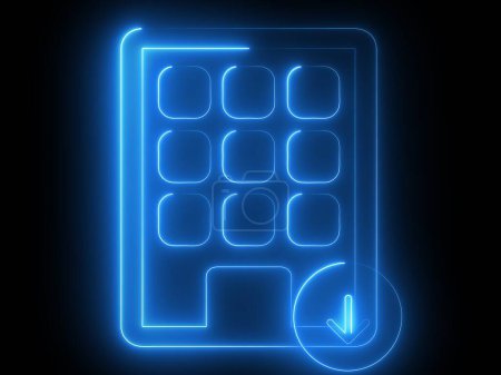 Une icône néon bleu vif d'une tablette avec une grille de neuf carrés et une flèche de téléchargement dans le coin inférieur droit, sur fond noir.