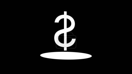 A white dollar sign with a vertical line through it, standing on a white oval shadow, on a black background.