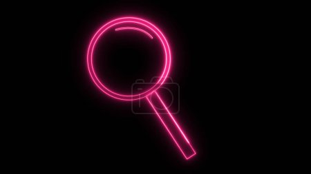 A neon pink magnifying glass icon on a black background, glowing brightly.
