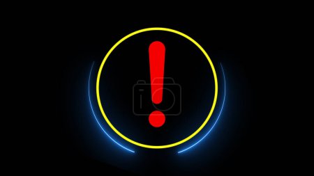 A red exclamation mark inside a yellow circle on a black background, with blue curved lines below the circle.