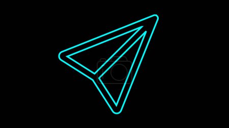 A glowing blue neon outline of a paper airplane on a black background.