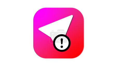 A mobile app icon with a gradient pink background featuring a white paper plane symbol and a black exclamation mark inside a circle.