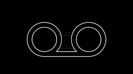 A minimalist white outline of two circles connected by a curved line on a black background.