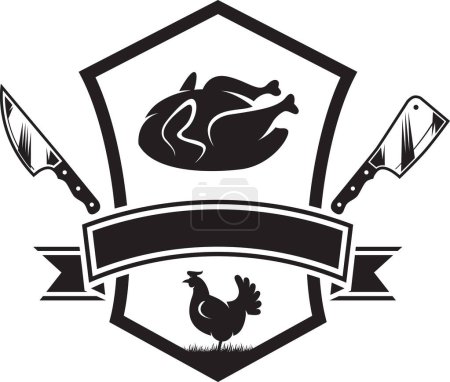 Téléchargez les illustrations : Logo poulet boucher avec concept de couteau, silhouette poule boucher logo isolé sur fond blanc illustration vectorielle - en licence libre de droit