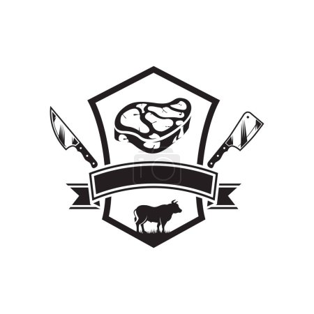 Téléchargez les illustrations : Logo de vache bouchère avec concept de couteau, silhouette de vache bouchère logo isolé sur fond blanc illustration vectorielle - en licence libre de droit