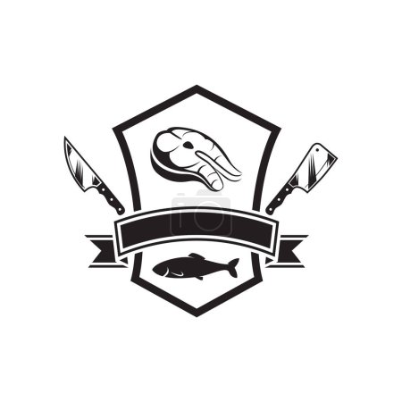 Téléchargez les illustrations : Logo poisson boucher avec concept de couteau, silhouette poisson boucher logo isolé sur fond blanc illustration vectorielle - en licence libre de droit