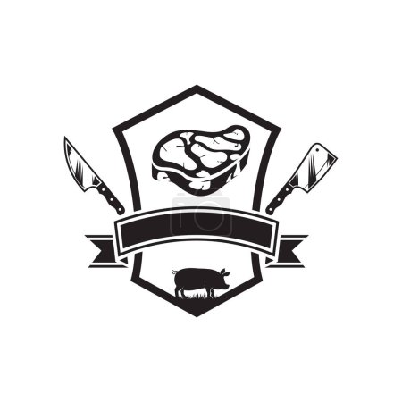 Téléchargez les illustrations : Logo de porc boucher avec concept de couteau, silhouette de porc boucher logo isolé sur fond blanc illustration vectorielle - en licence libre de droit