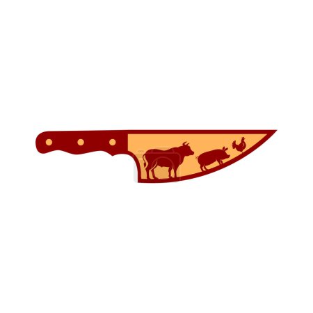 Illustration for Meat Knife with a Symbol of Cow Pork Chicken . Butcher shop logo design vector Butchery Deli Beef Meat Shop Market Vintage Hipster Retro Logo Design Template. - Royalty Free Image