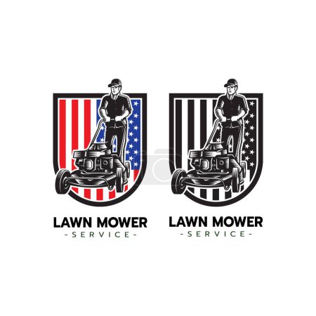 Illustration for Lawn mower service logo icon isolated with america flag,Lawn mowing cutting grass,Gardener service logo icon isolated on white background vector illustration - Royalty Free Image