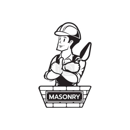 Illustration for The Builder bricklayer logo icon silhouette isolated masonry cartoon style male character on white background  vector illustration - Royalty Free Image