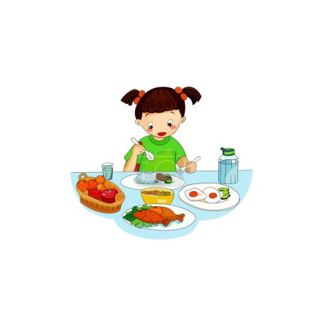 Ilustración de Linda caricatura feliz chica comiendo frutas saludables y alimentos vegetales. Los niños disfrutan comiendo deliciosa comida para el desayuno o el almuerzo. Niña comiendo comida en la mesa aislada sobre fondo blanco vector ilusración - Imagen libre de derechos