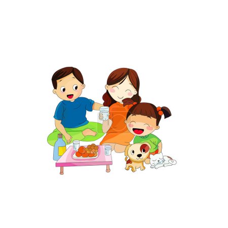 Ilustración de Hermosa familia comiendo fruta con una mascota aislada en la ilustración vector de fondo blanco - Imagen libre de derechos
