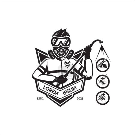 Ilustración de Plantilla de logotipo del servicio de control de plagas silueta aislada con el hombre equipado en traje de protección que sostiene la silueta aislada del cilindro químico en la ilustración del vector de fondo blanco - Imagen libre de derechos