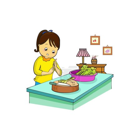 Illustration for Cute girl cooking was cut knife and first aid for bleeding isolated on white background Vector illustration - Royalty Free Image
