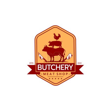 Illustration for Meat Knife with a Symbol of Cow Pork Chicken . Butcher shop logo design vector Butchery Deli Beef Meat Shop Market Vintage Hipster Retro Logo Design Template. - Royalty Free Image