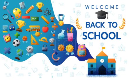 Illustration for Horizontal banner of welcome back to school concept texture style with icon of supplies vector illustration - Royalty Free Image