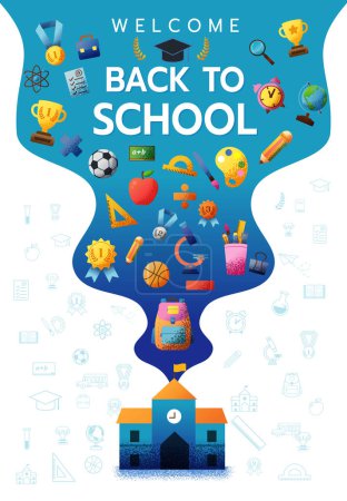 Illustration for Vertical banner of welcome back to school concept texture style with icon of supplies vector illustratio - Royalty Free Image