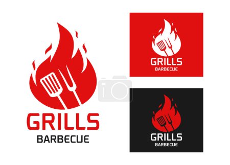 Téléchargez les illustrations : Modèle de conception de logo pour barbecue, barbecue, icône de restaurant grill isolé sur fond blanc illustration vectorielle - en licence libre de droit