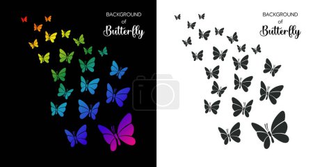 Téléchargez les illustrations : Fond de papillon volant sur fond noir, belle silhouette papillon logo isoler vecteur illustratio - en licence libre de droit