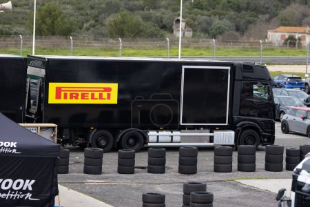 Photo for 11-20-2022 PORTUGAL, LISBON: Caterham festival - PIRELLI truck standing on the parking lot. Mid shot - Royalty Free Image
