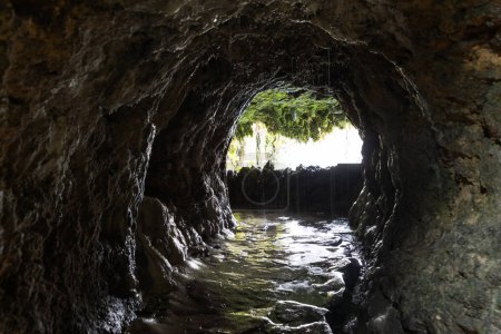 Photo for Inside the wet cave - trickles of water flow down from the stones at the entrance of the cave. Mid shot - Royalty Free Image