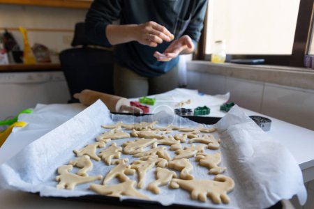 Photo for A woman baking - cookies in the shape of dinosaurs on the baking sheet. Mid shot - Royalty Free Image