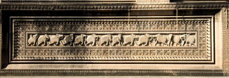 Photo for Elephants beautifully carved in stone panel on wall of chhatri at Maheshwar temple , Madhya Pradesh , India - Royalty Free Image
