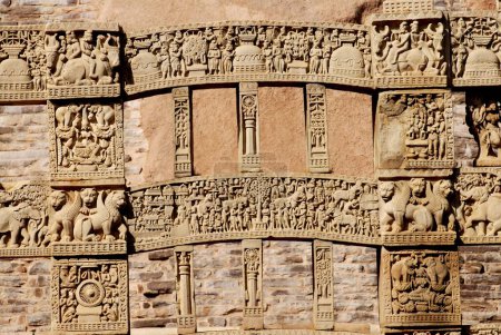 Photo for Gateway or torna of maha stupa no 1 with depiction of stories engrave decorations erected at Sanchi , Bhopal , Madhya Pradesh , India - Royalty Free Image