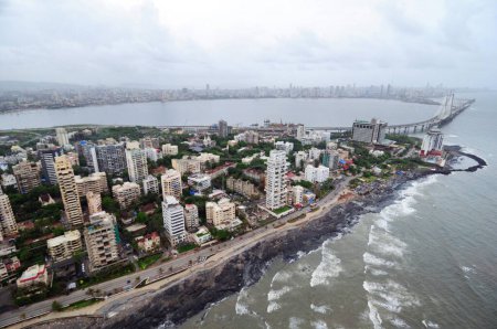 aerial view of bandra band stand with bandra worli rajiv_gandhi sea link , Bombay Mumbai , Maharashtra , India