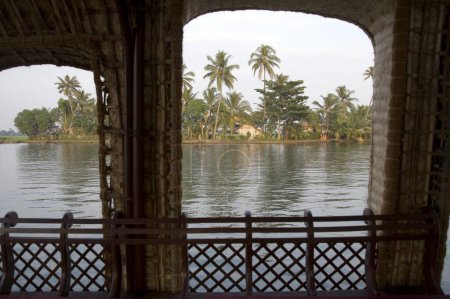 Kokospalmen blicken durch das Fenster eines Luxus-Hausbootes in Backwaters, Alleppey, Kerala, Indien