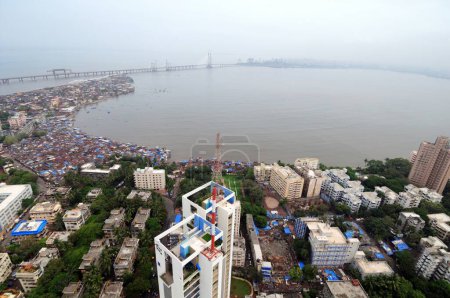aerial view of worli and prabhadevi with bandra worli rajiv gandhi sea link , Bombay Mumbai , Maharashtra , India