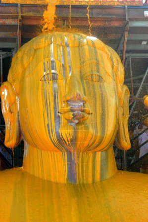 Kurkuma-Wasser ergießt sich auf das Gesicht der 57 Fuß hohen Statue des Herrschers Bahubali, bekannt als Gomateshvara bei der Mahamasthakabisheka-Feier, Sravanabelagola im Hassan-Distrikt von Karnataka, Indien