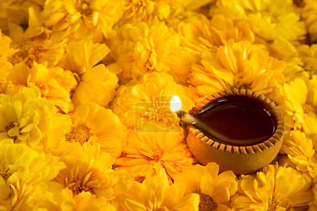 Híbrido Zinnia Flores color naranja y lámpara de aceite de arcilla, India