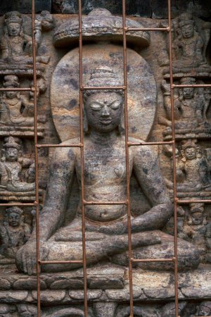 Téléchargez les photos : Statue de Bouddha derrière un bar en métal dans un site bouddhiste fouillé, Udayagiri, Orissa, Inde - en image libre de droit