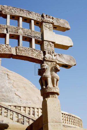 North gateway or torna of maha stupa no 1 with depiction of stories engrave decorations erected at Sanchi , Bhopal , Madhya Pradesh , India