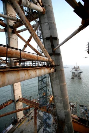 Construction site of the Bandra Worli sea link on Arabian sea , Bombay now Mumbai , Maharashtra , India